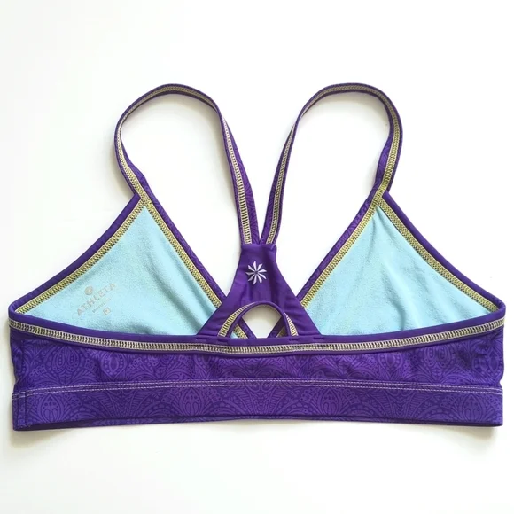 Athleta Contrast Stitched V-neck Cutout Racerback Swimsuit Bikini Top Purple M - Picture 8 of 10